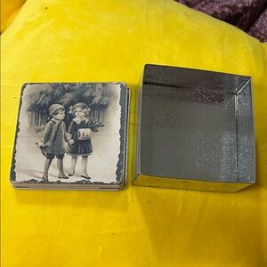 Antique Silver and Yellow Children Illustration Square Trinket Box